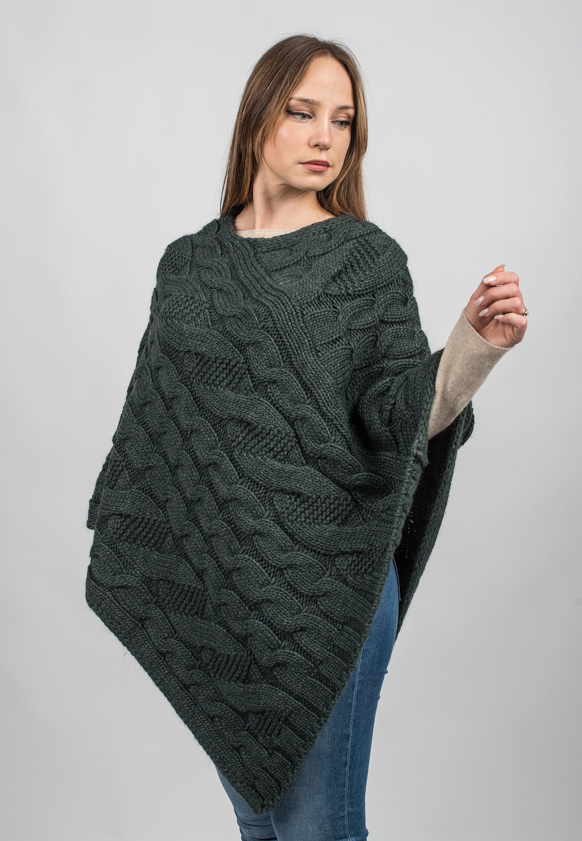 Green Cable-Knit V-Neck Poncho, view 2