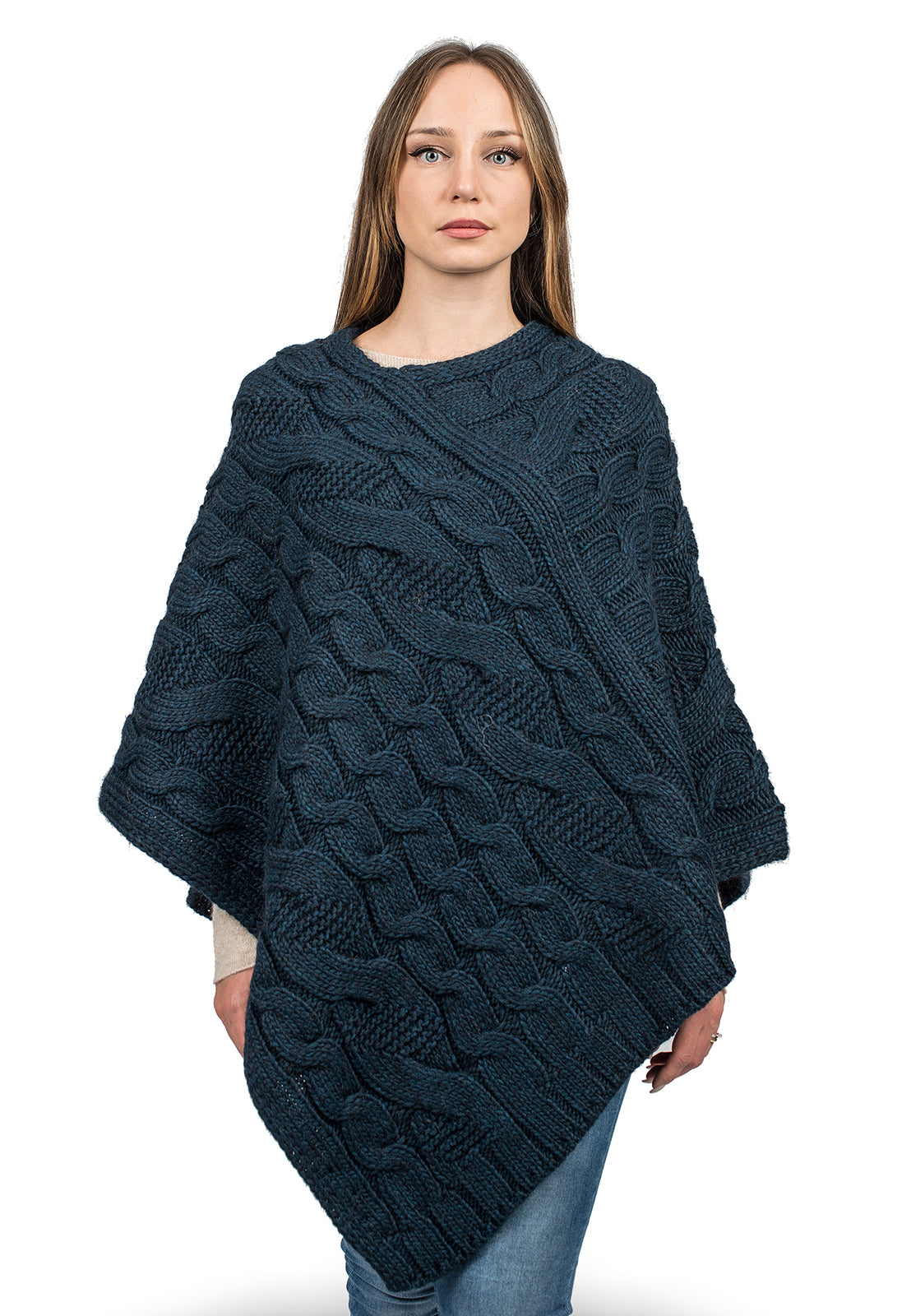 Blue Cable-Knit V-Neck Poncho