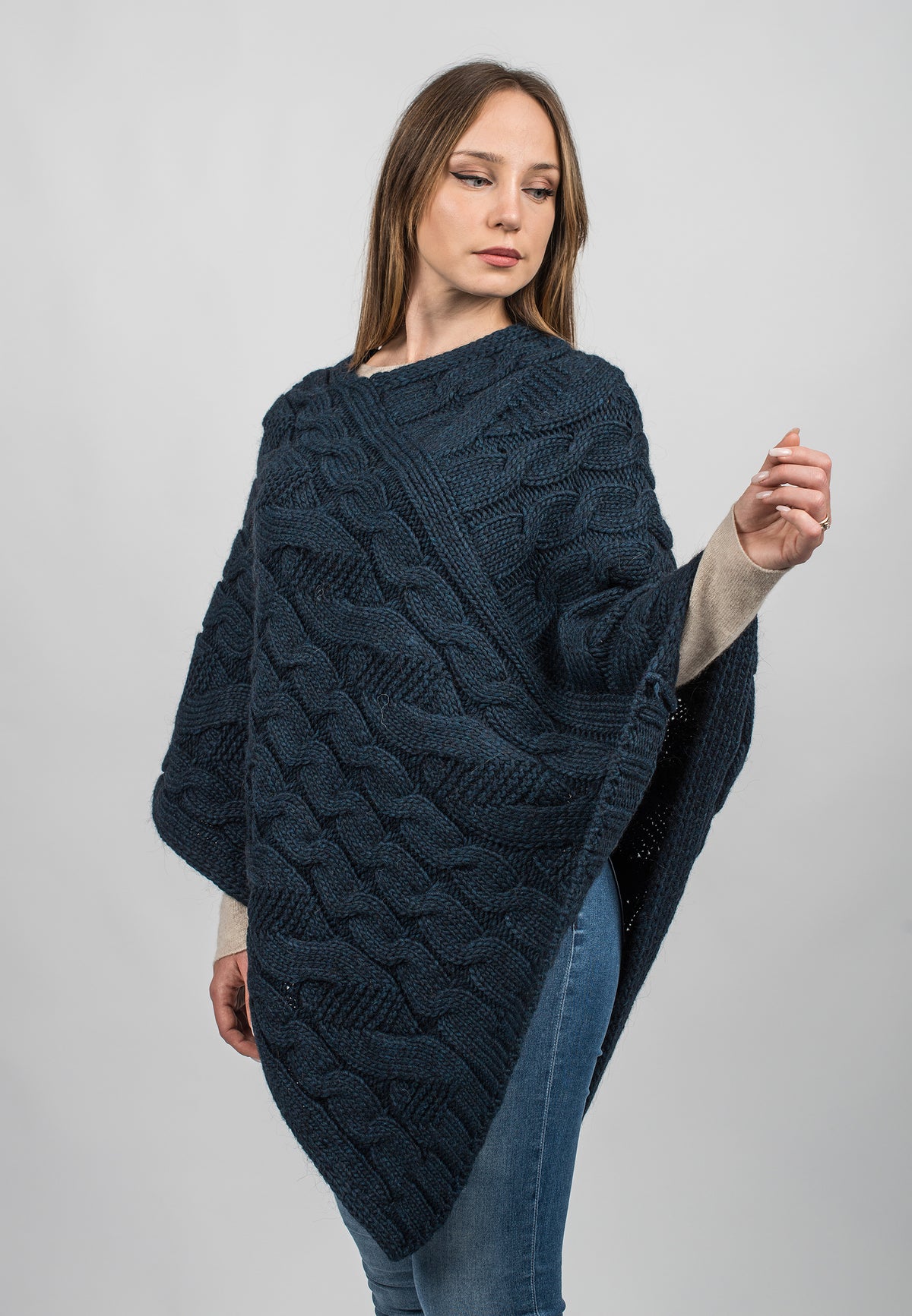 Blue Cable-Knit V-Neck Poncho, view 2