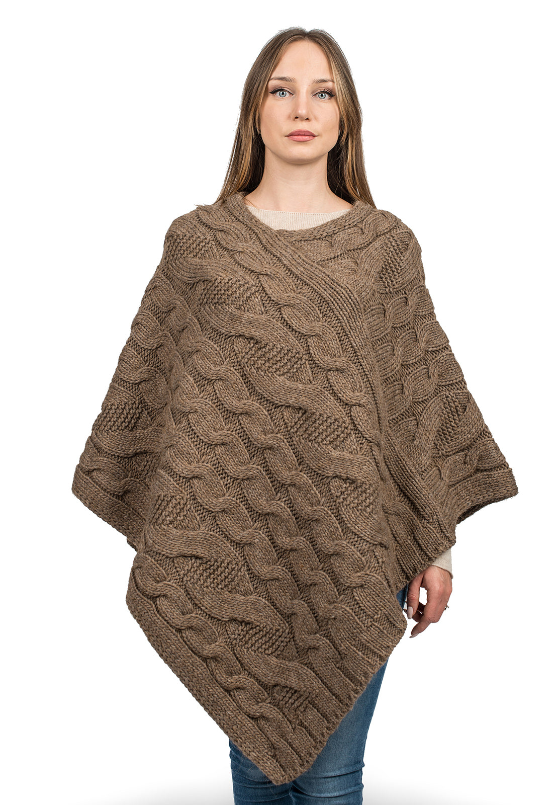 Mink Cable-Knit V-Neck Poncho