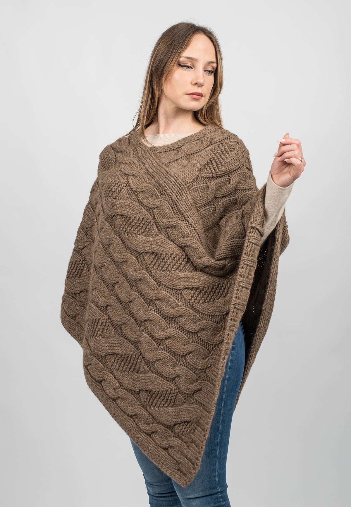 Mink Cable-Knit V-Neck Poncho, view 2