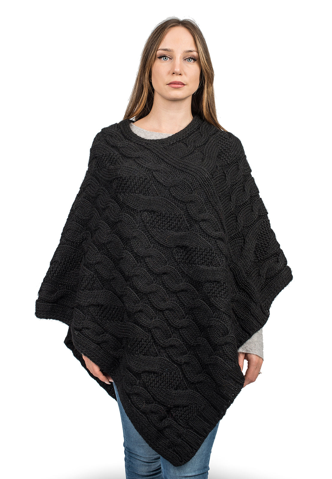 Black Cable-Knit V-Neck Poncho