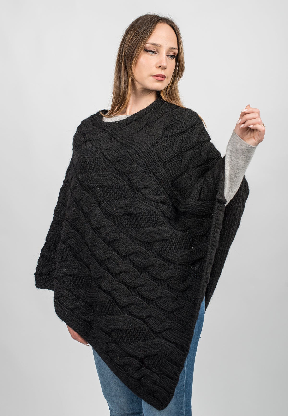 Black Cable-Knit V-Neck Poncho, view 2