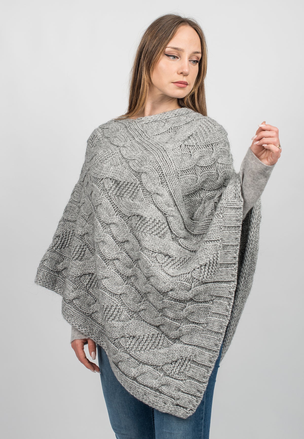 Gray Cable-Knit V-Neck Poncho, view 2