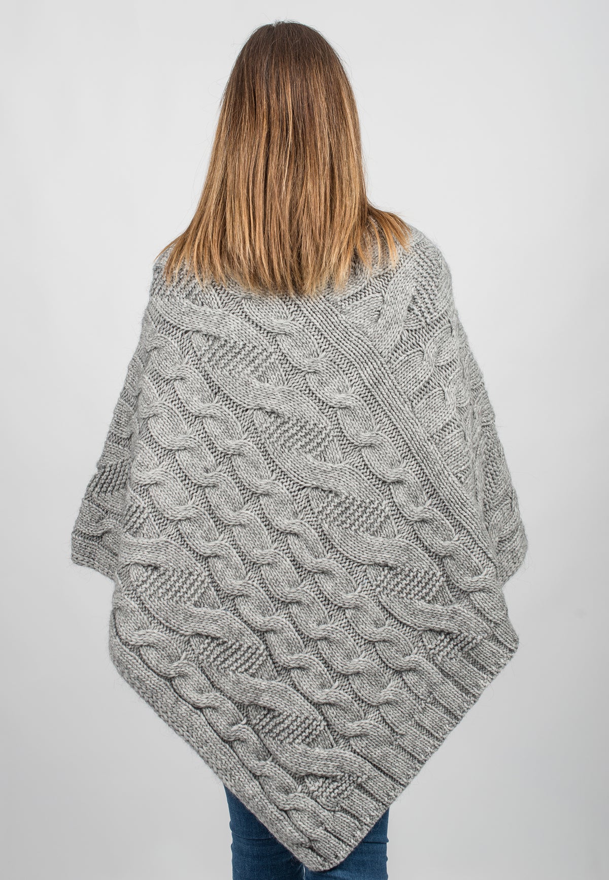 Gray Cable-Knit V-Neck Poncho, view 3