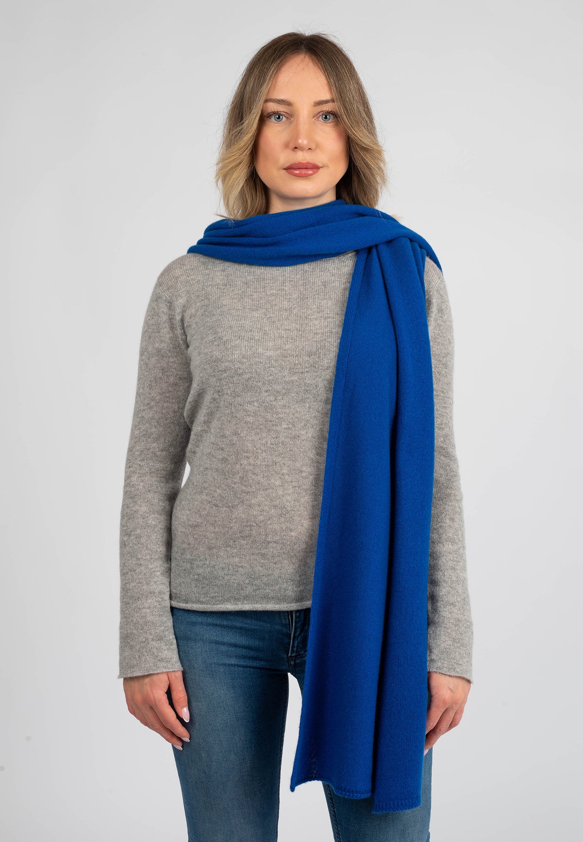 Electric Blue Women's Wide 100% Cashmere Scarf, view 2