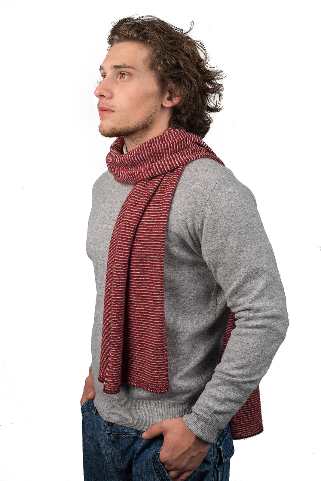 Red-Burgundy-Gray Men's Striped 100% Cashmere Scarf
