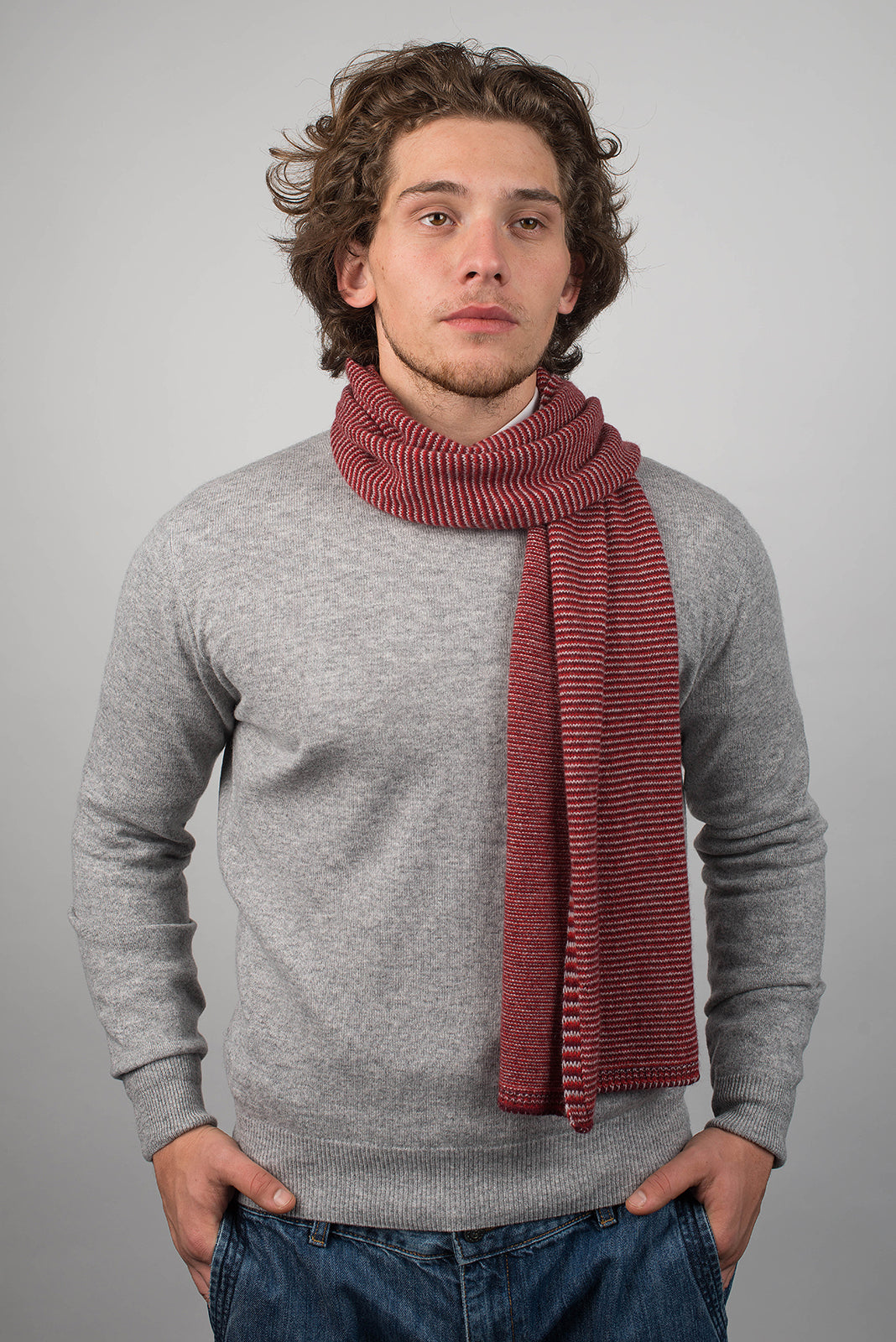 Red-Burgundy-Gray Men's Striped 100% Cashmere Scarf, view 2
