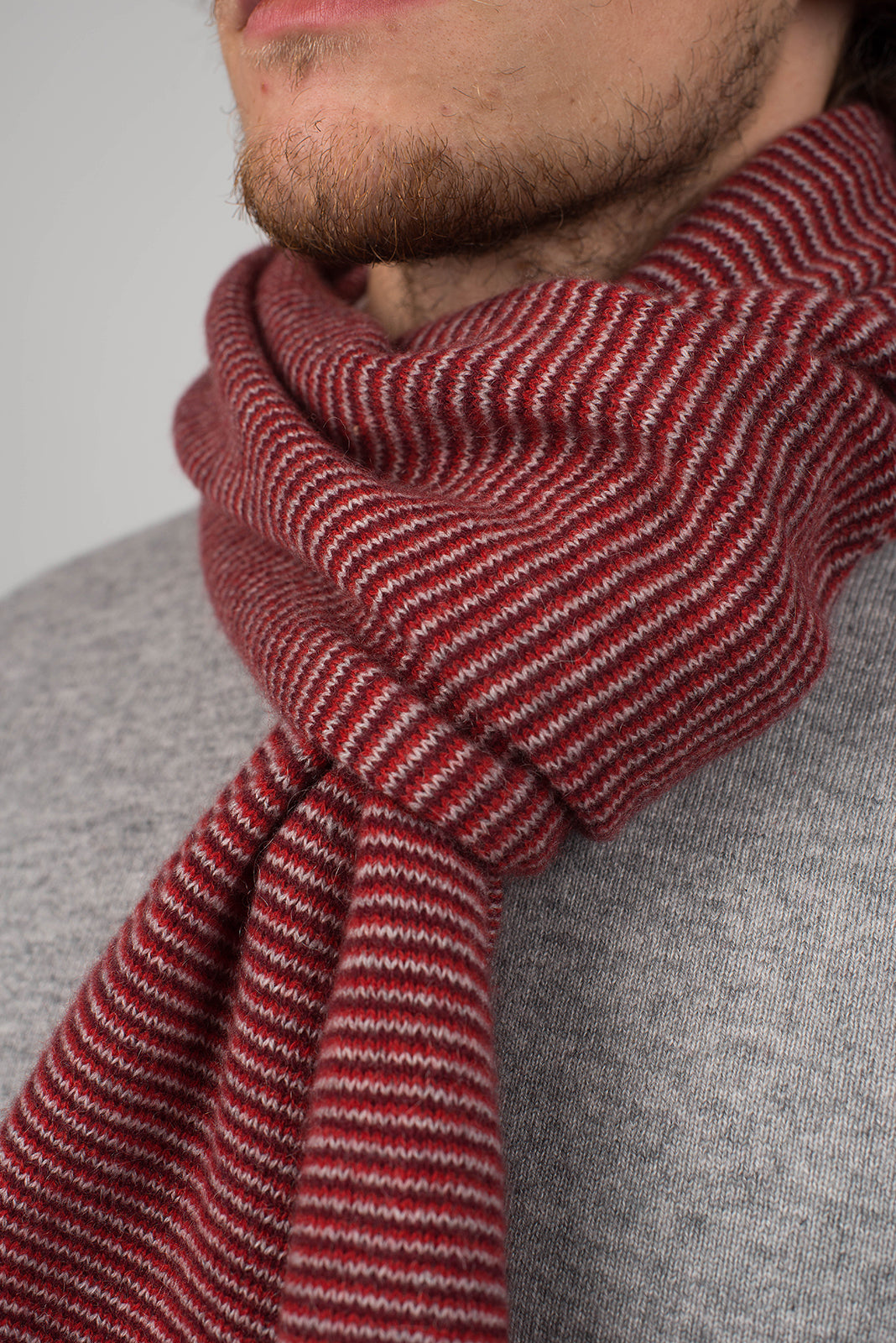 Red-Burgundy-Gray Men's Striped 100% Cashmere Scarf, view 4