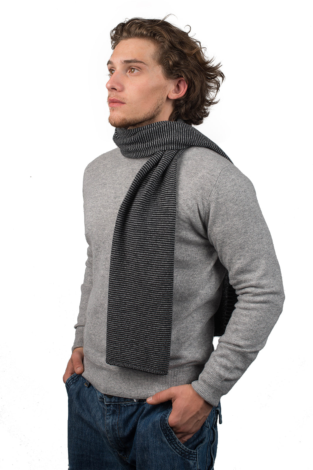 Black-Charcoal-Gray Men's Striped 100% Cashmere Scarf