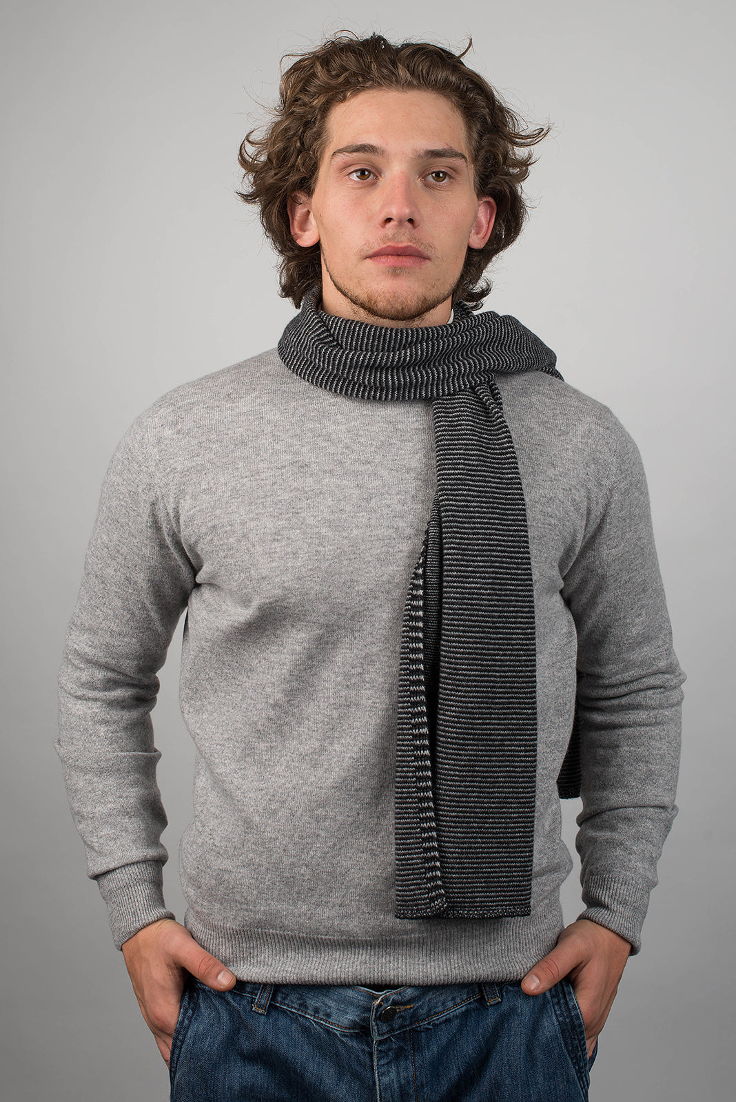 Black-Charcoal-Gray Men's Striped 100% Cashmere Scarf, view 2