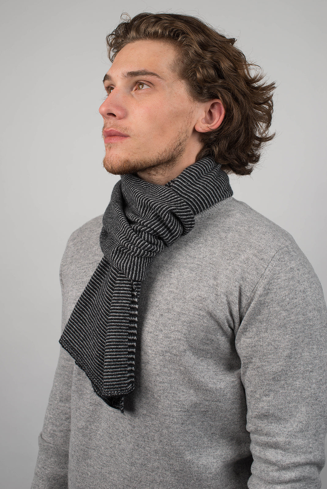 Black-Charcoal-Gray Men's Striped 100% Cashmere Scarf, view 3