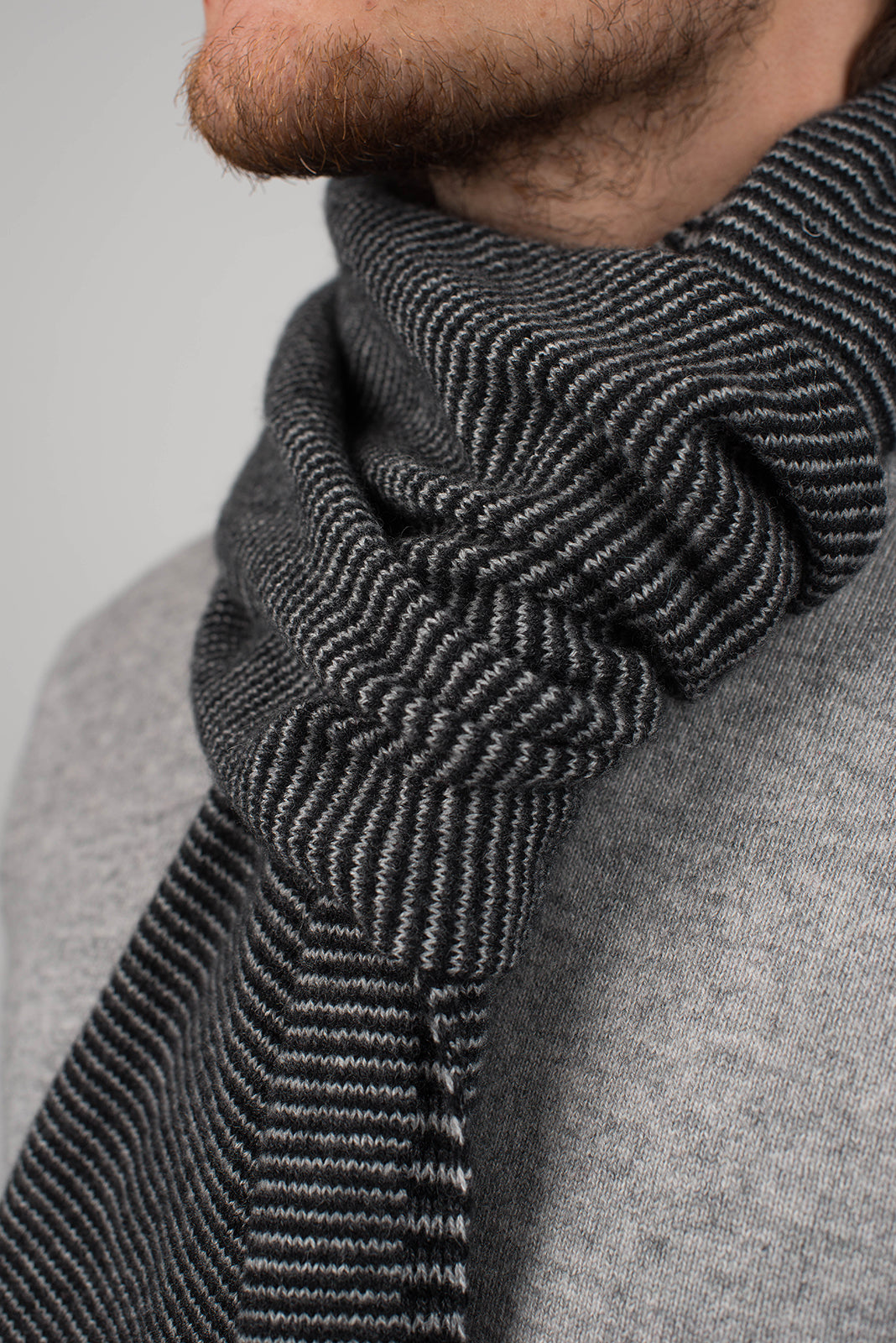 Black-Charcoal-Gray Men's Striped 100% Cashmere Scarf, view 4