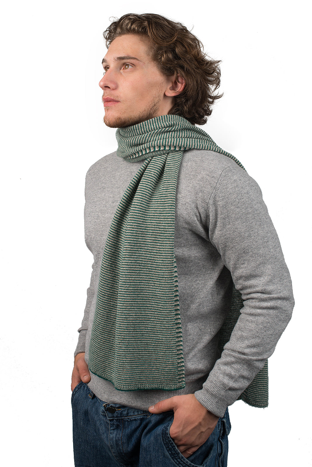 Green-Beige-Cream Men's Striped 100% Cashmere Scarf