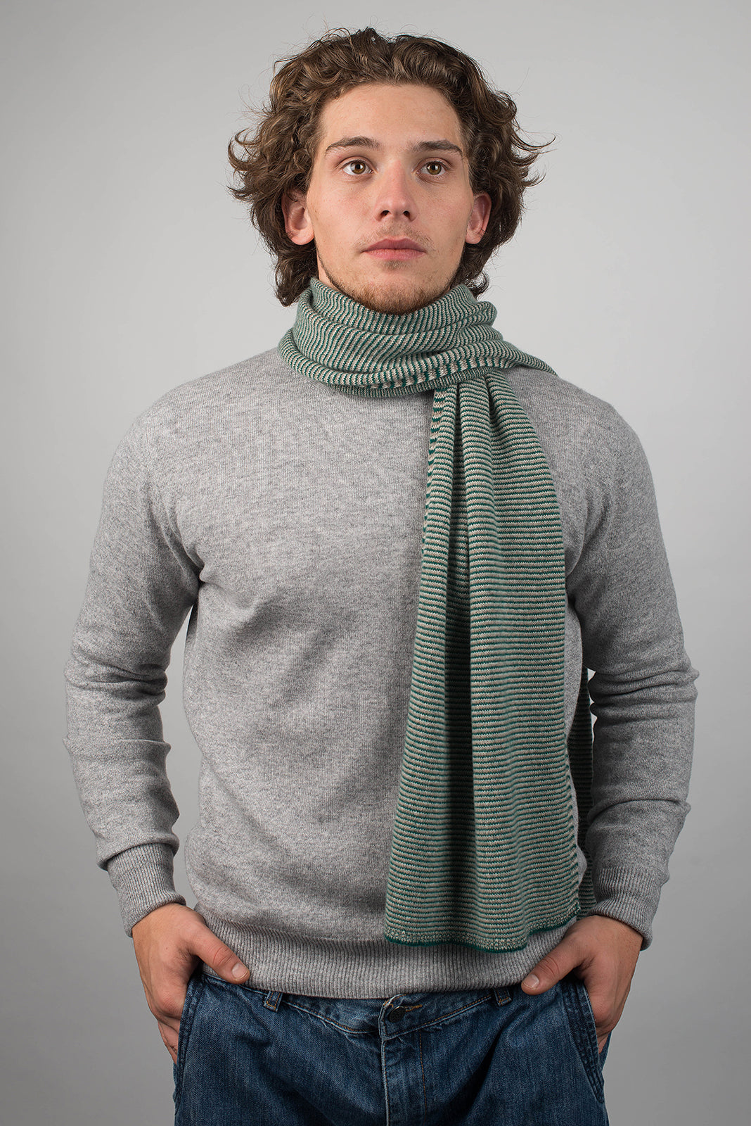 Green-Beige-Cream Men's Striped 100% Cashmere Scarf, view 2