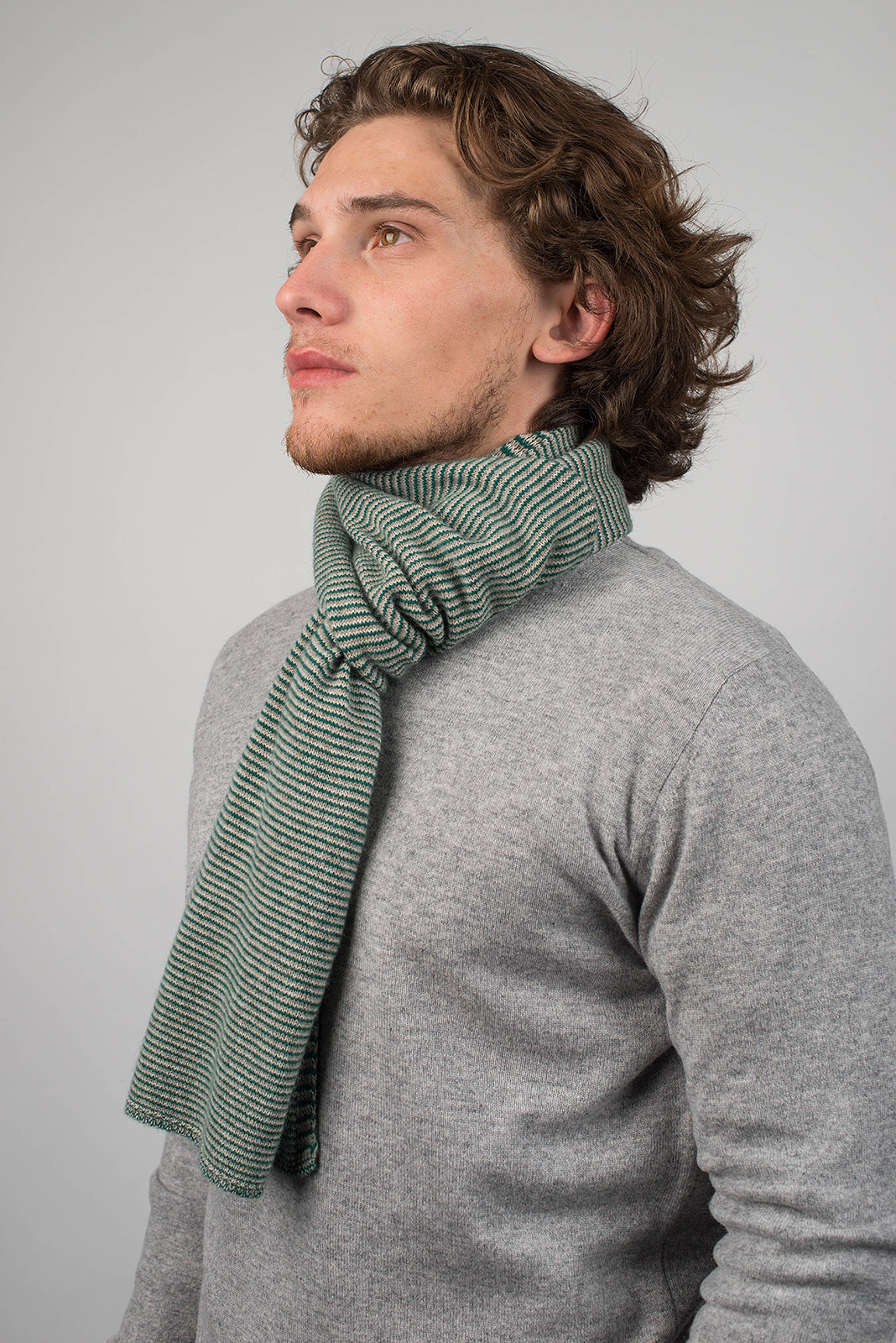 Green-Beige-Cream Men's Striped 100% Cashmere Scarf, view 3