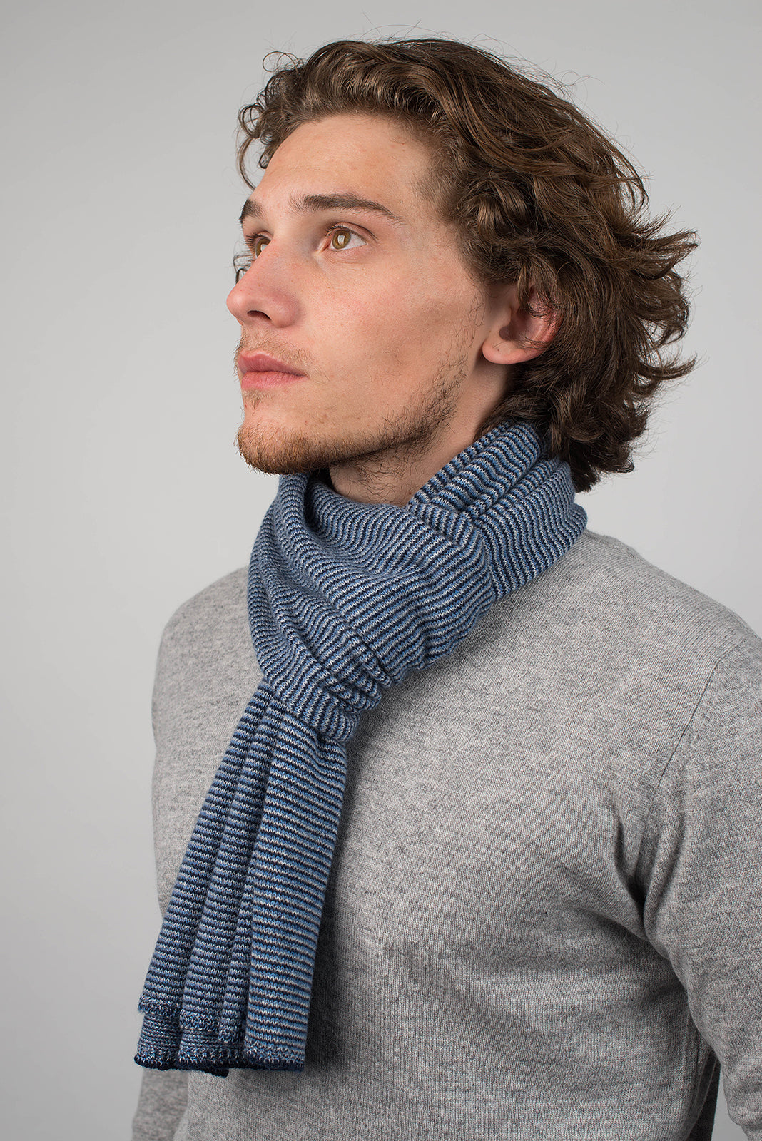 Blue-Light Blue-Sky Men's Striped 100% Cashmere Scarf, view 3