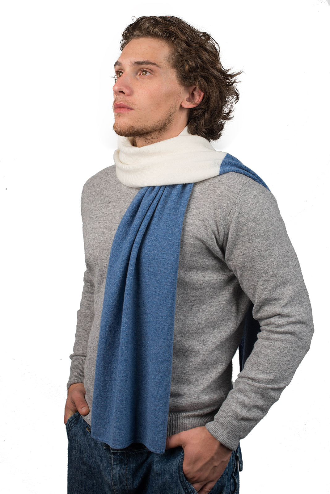 Cream-Light Blue Men's Two-Tone 100% Cashmere Scarf