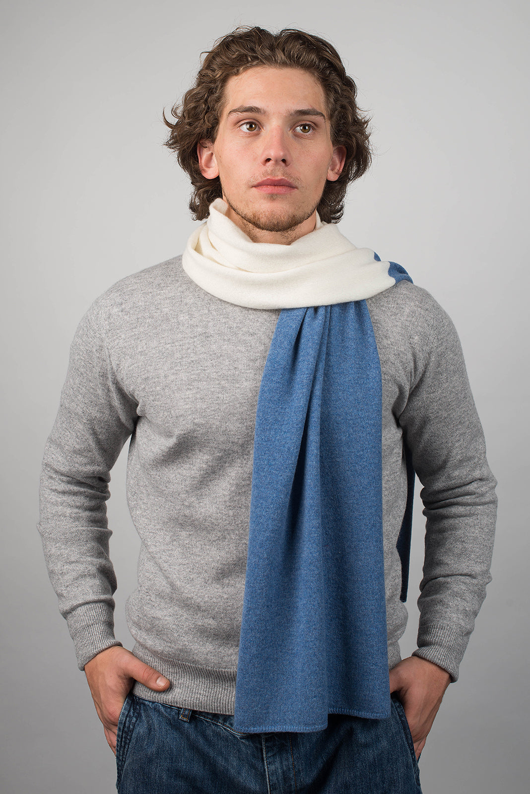 Cream-Light Blue Men's Two-Tone 100% Cashmere Scarf, view 2