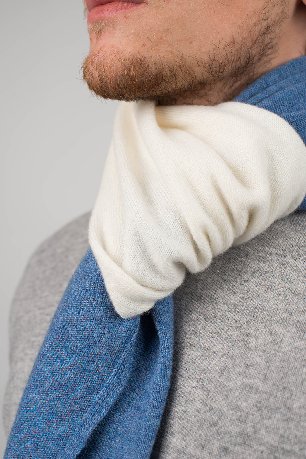 Cream-Light Blue Men's Two-Tone 100% Cashmere Scarf, view 4