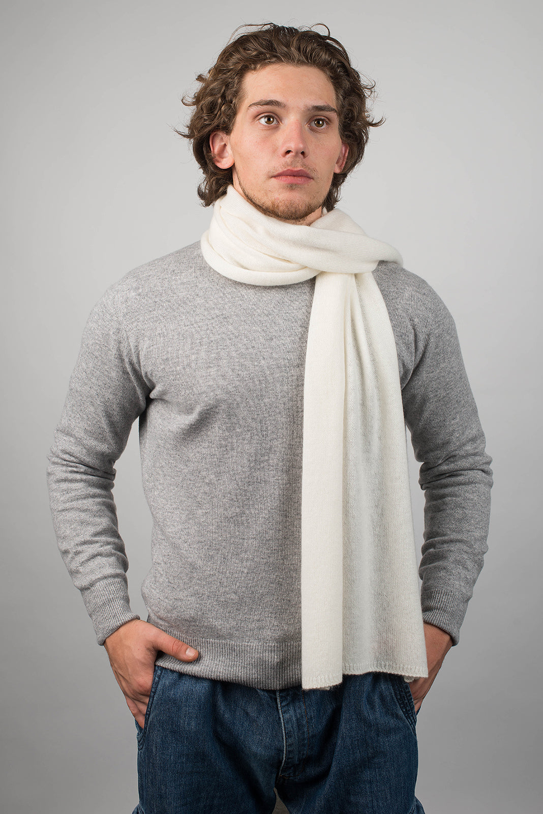 Cream Men's Wide 100% Cashmere Scarf, view 2