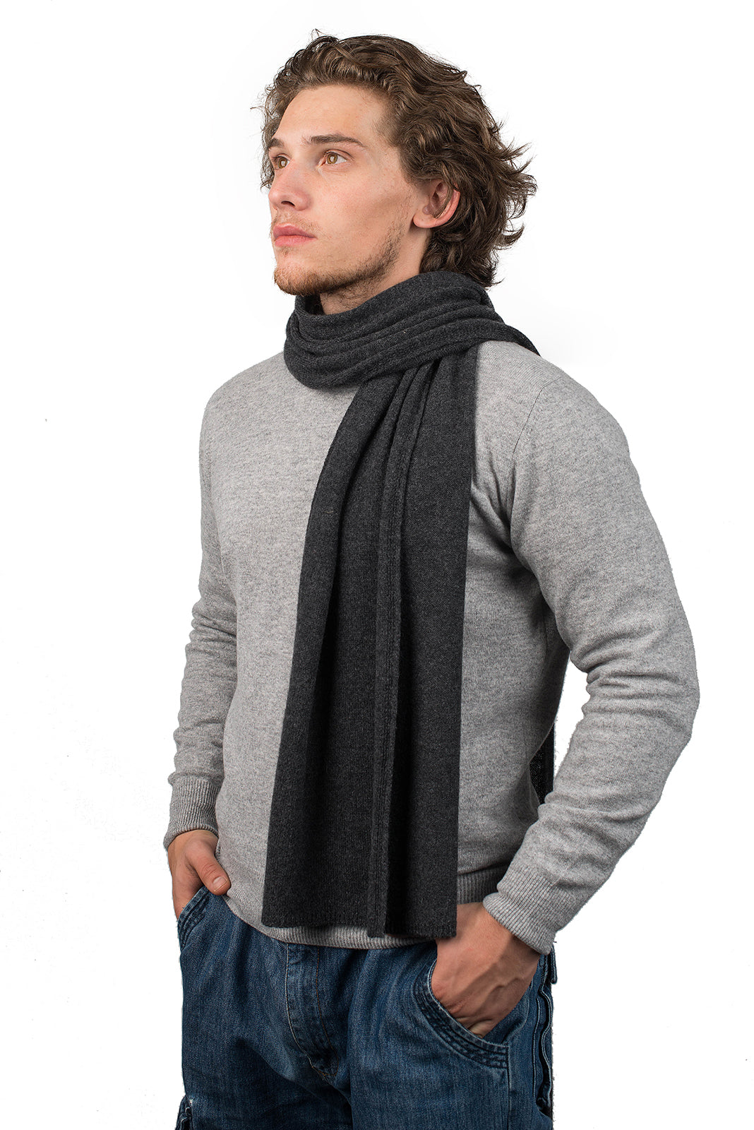 Charcoal Men's Wide 100% Cashmere Scarf