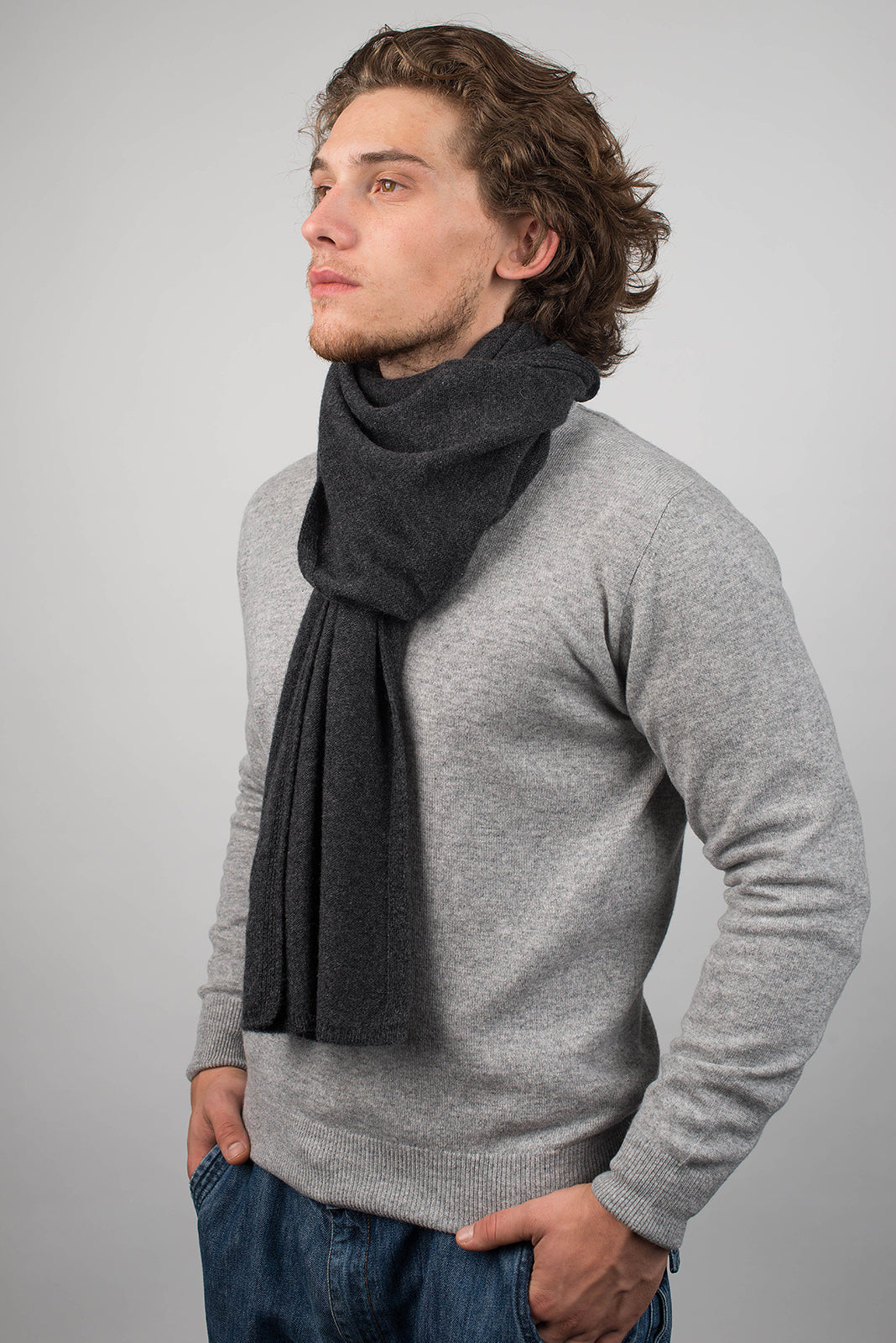 Charcoal Men's Wide 100% Cashmere Scarf, view 3