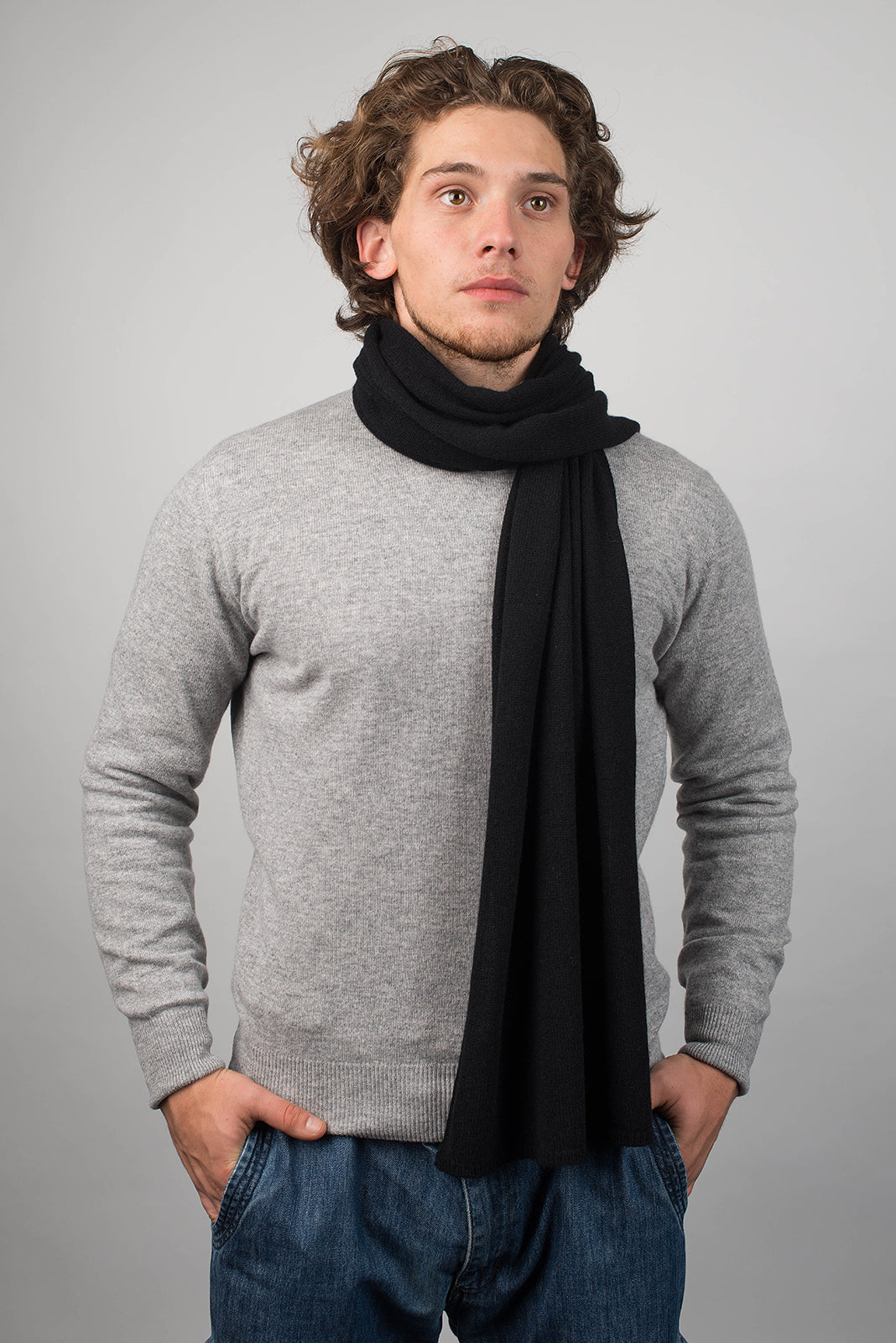 Black Men's Wide 100% Cashmere Scarf, view 2