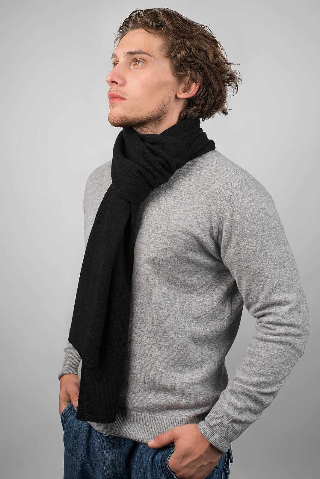Black Men's Wide 100% Cashmere Scarf, view 3