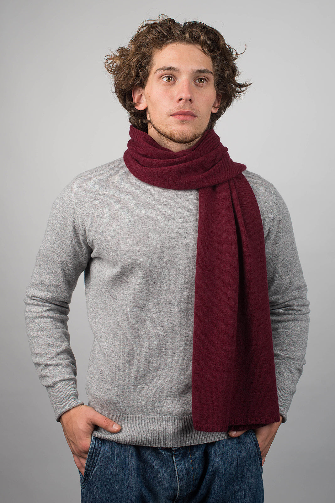 Burgundy Men's Wide 100% Cashmere Scarf, view 2