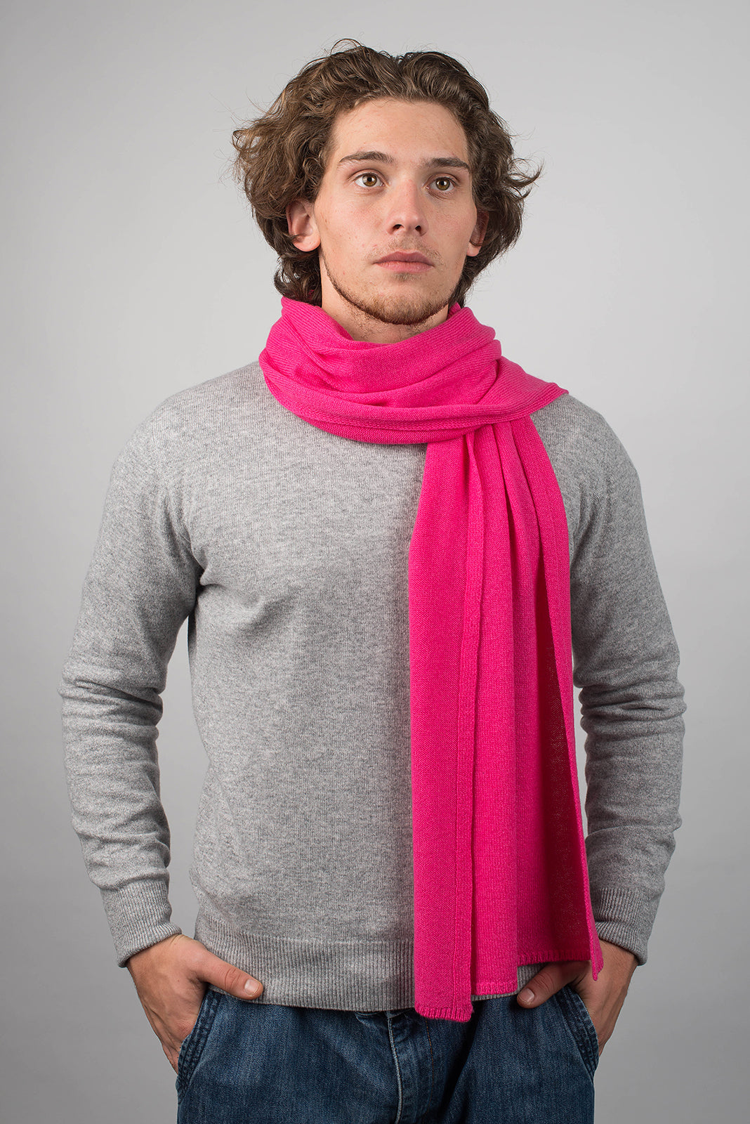 Fuchsia Men's Wide 100% Cashmere Scarf, view 2