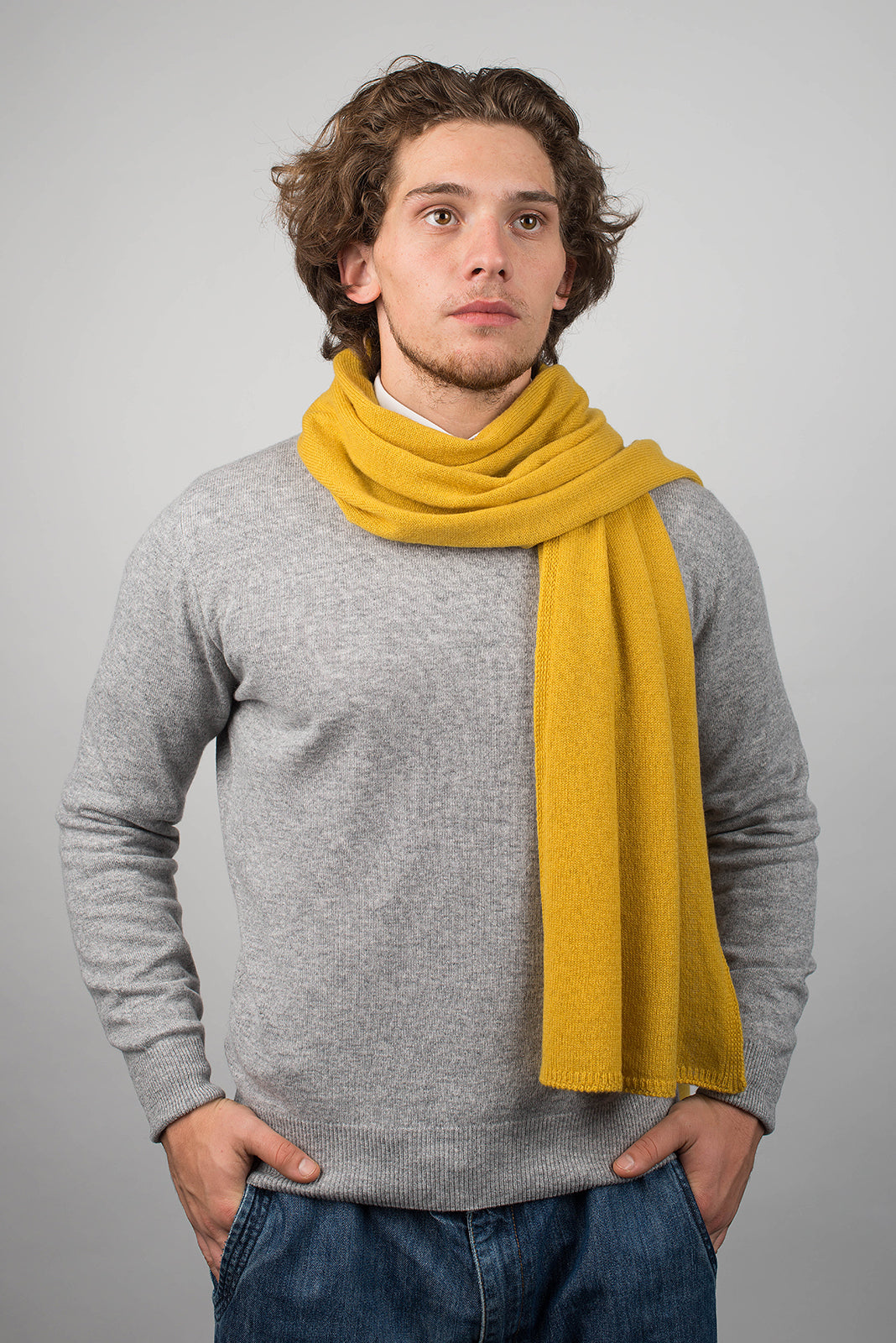 Yellow Men's Wide 100% Cashmere Scarf, view 2