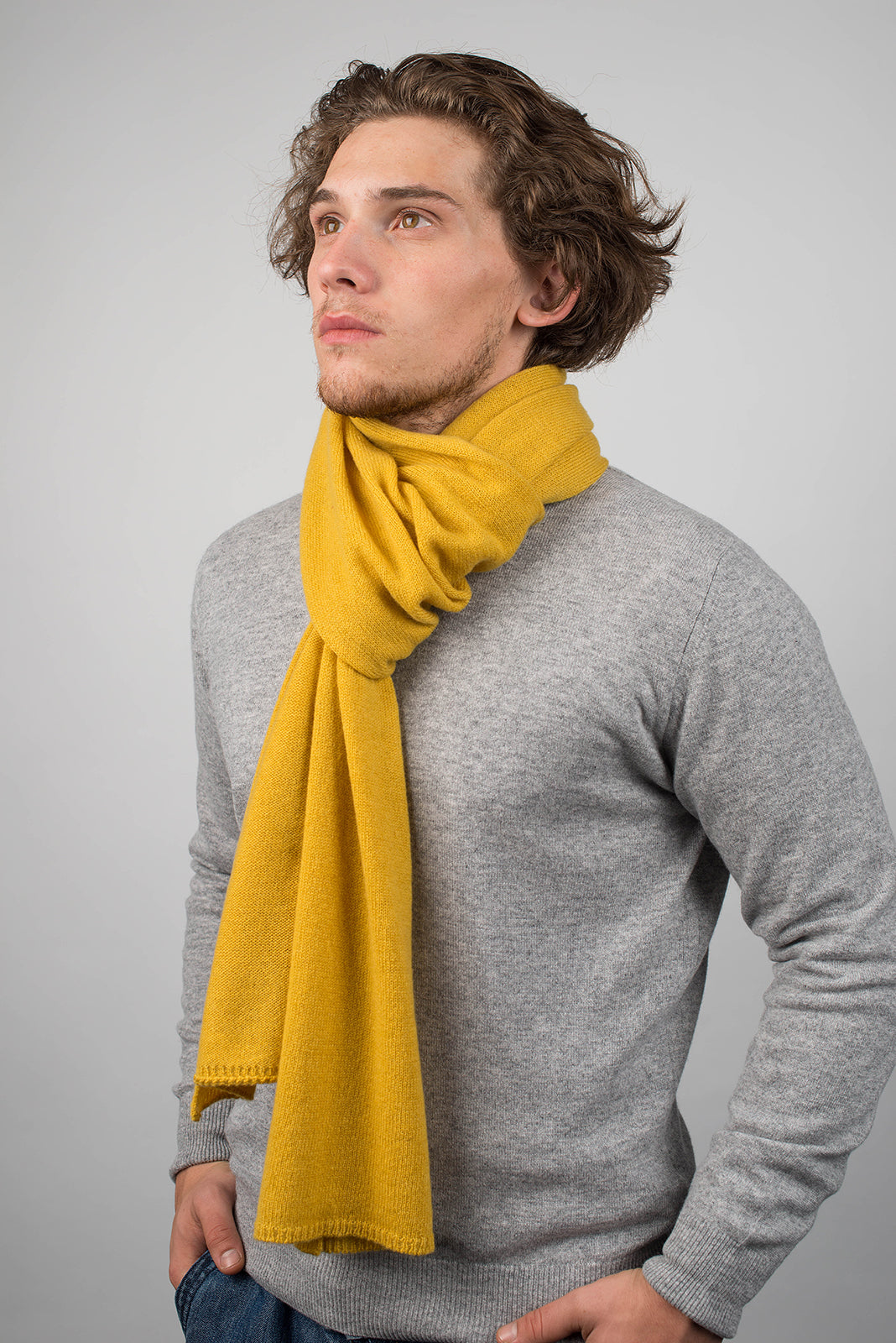 Yellow Men's Wide 100% Cashmere Scarf, view 3