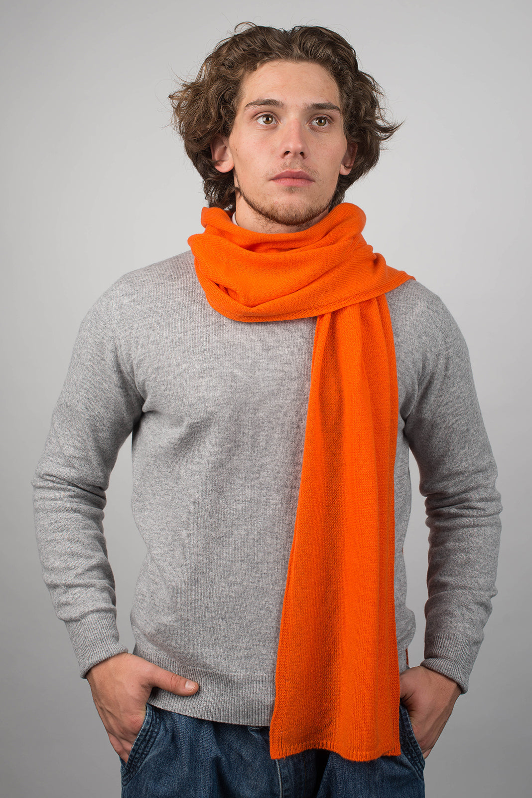 Orange Men's Wide 100% Cashmere Scarf, view 2