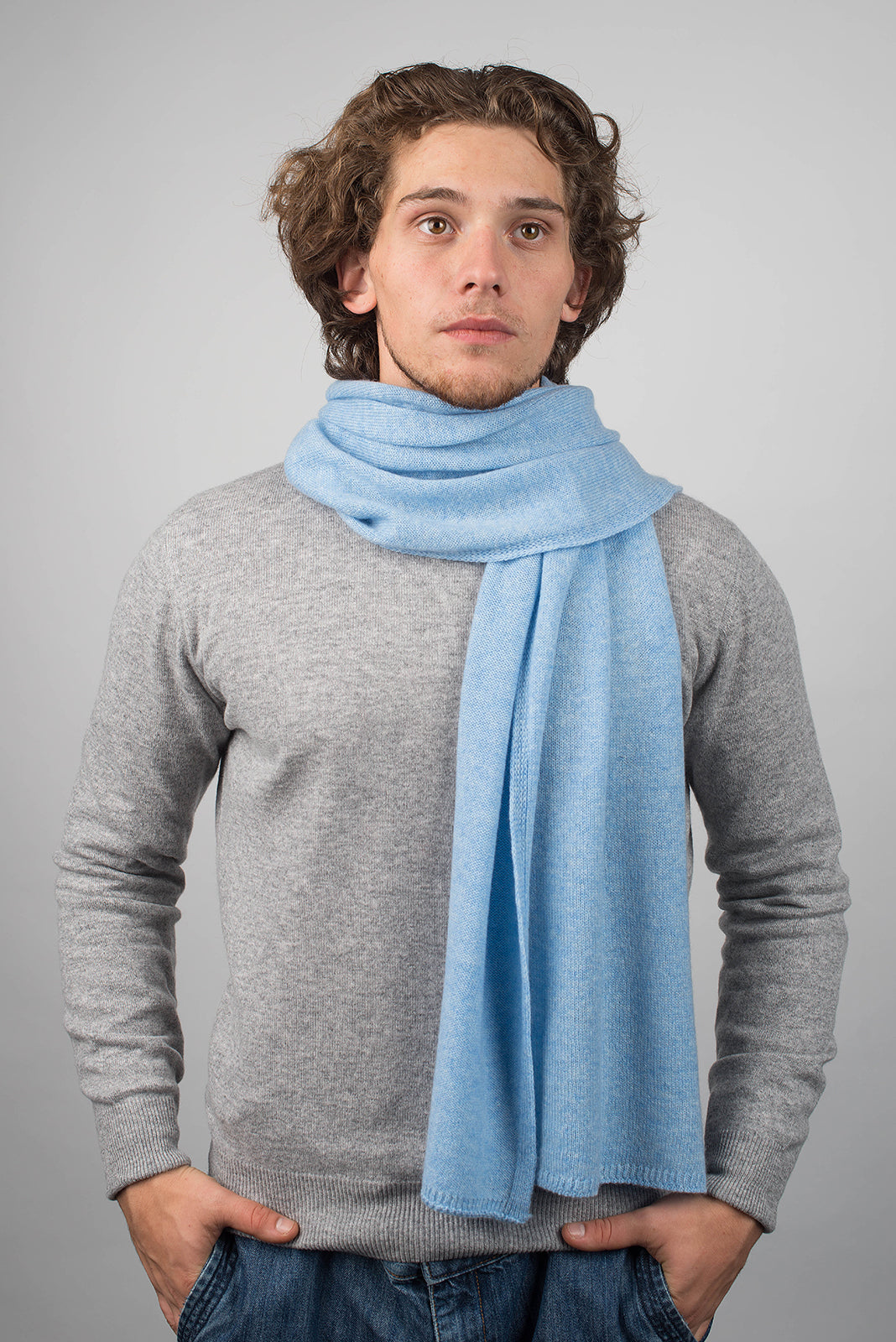 Sky Men's Wide 100% Cashmere Scarf, view 2