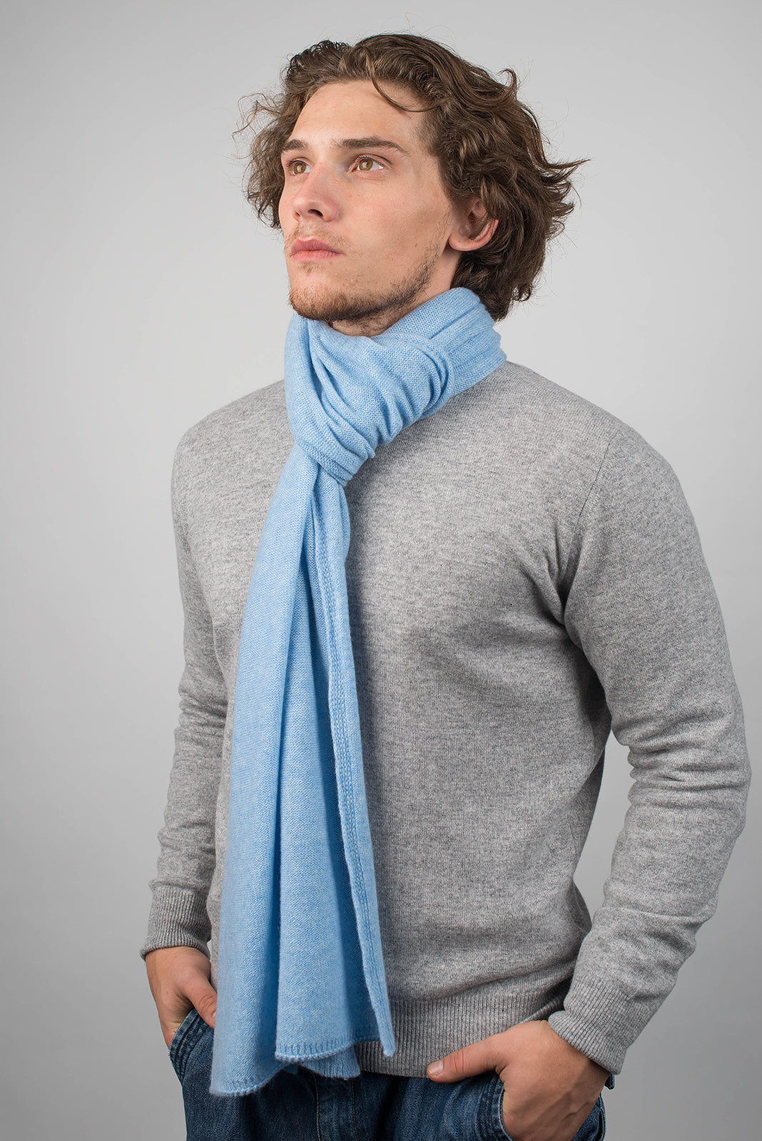 Sky Men's Wide 100% Cashmere Scarf, view 3
