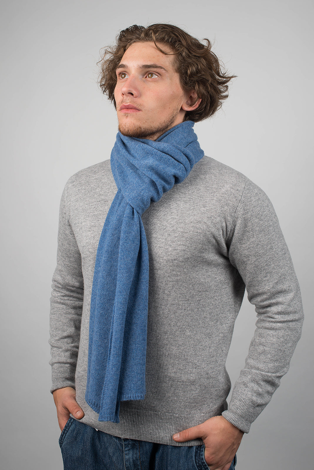 Light Blue Men's Wide 100% Cashmere Scarf, view 3