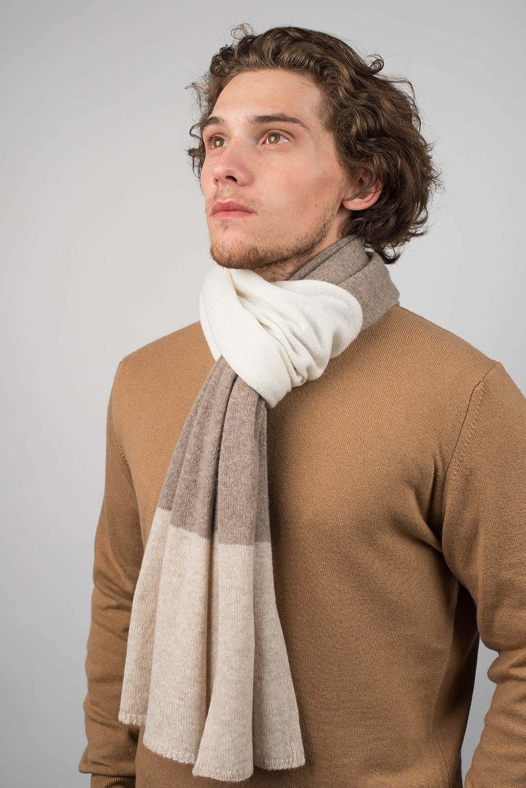 Beige-Mink-Cream Men's Three-Color 100% Cashmere Scarf, view 3