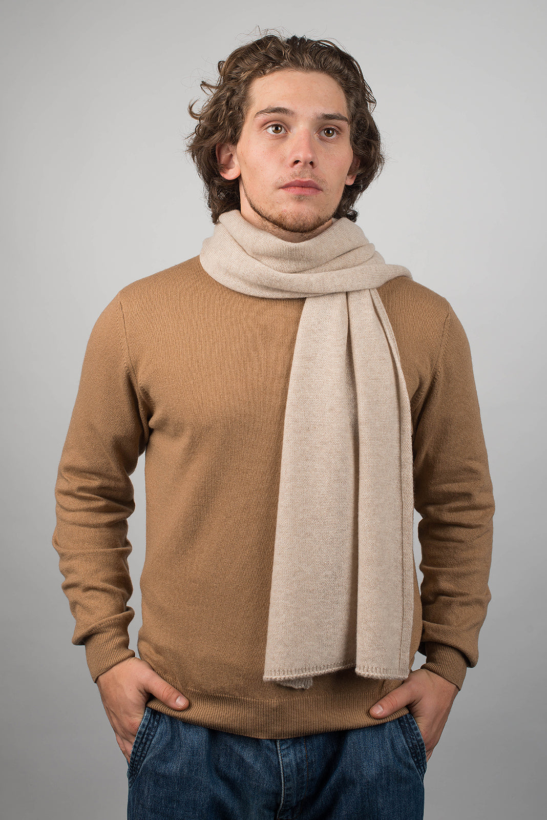 Beige Men's Wide 100% Cashmere Scarf, view 2