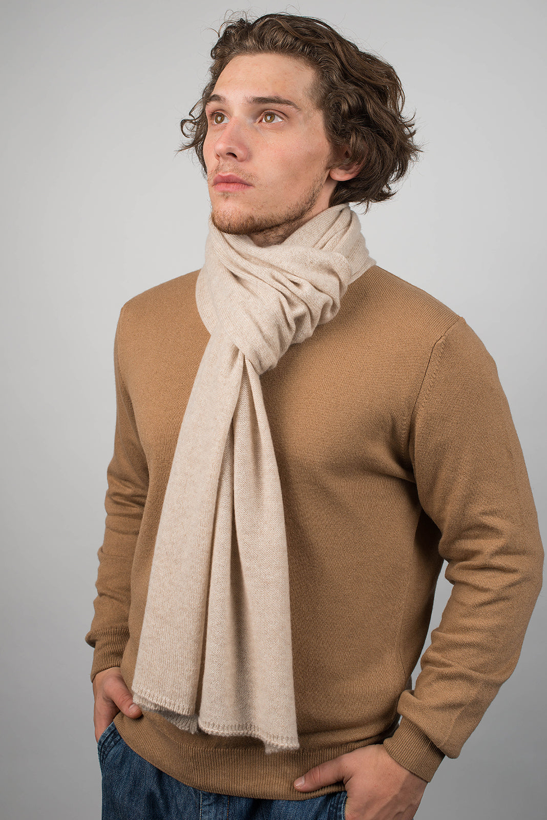 Beige Men's Wide 100% Cashmere Scarf, view 3