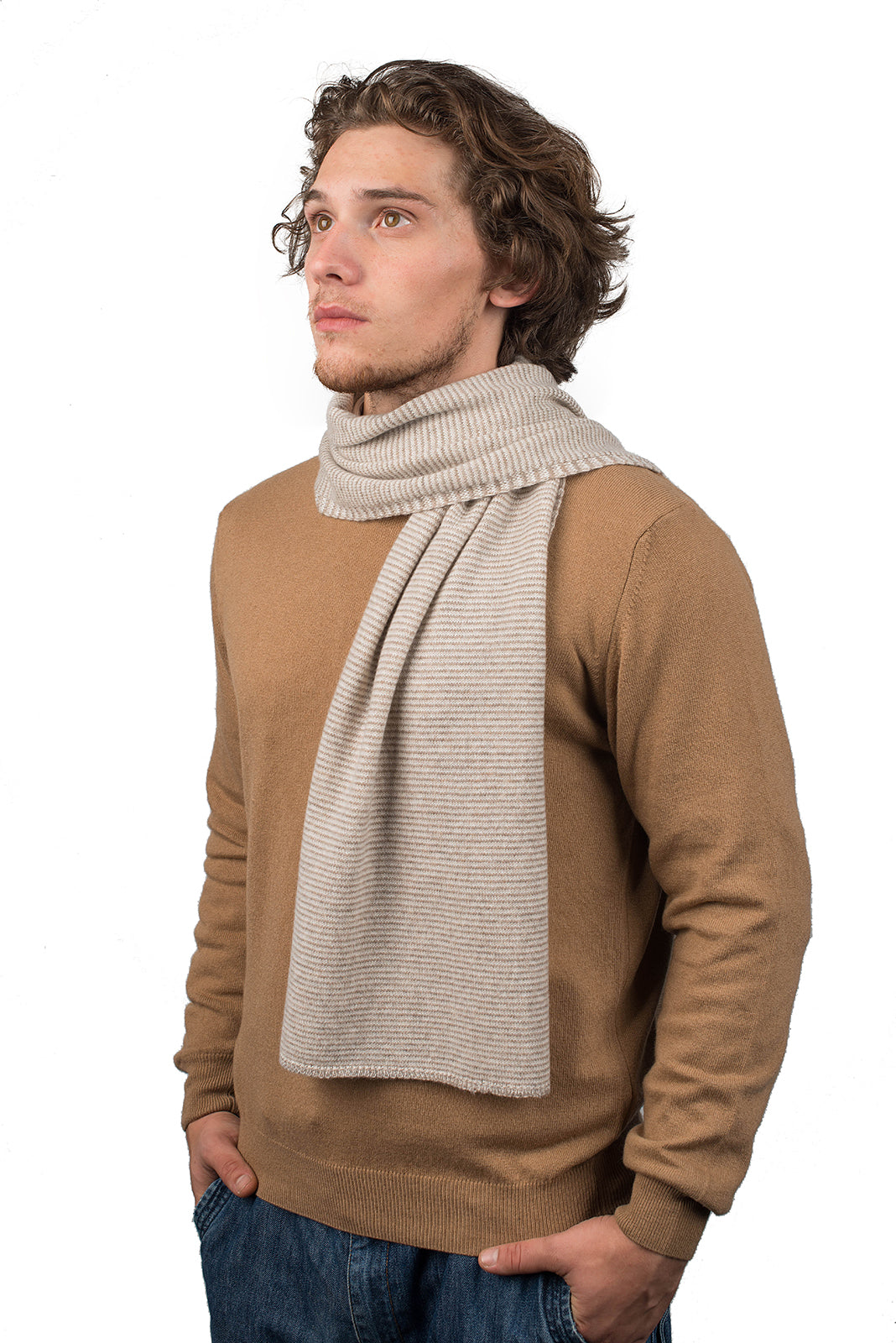 Mink-Beige-Cream Men's Striped 100% Cashmere Scarf