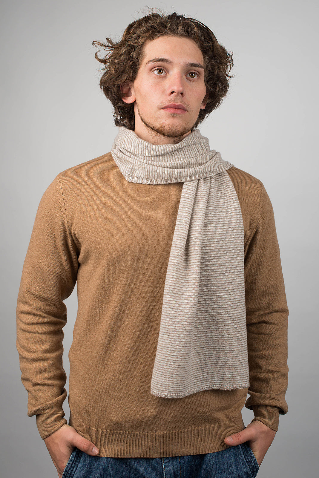 Mink-Beige-Cream Men's Striped 100% Cashmere Scarf, view 2