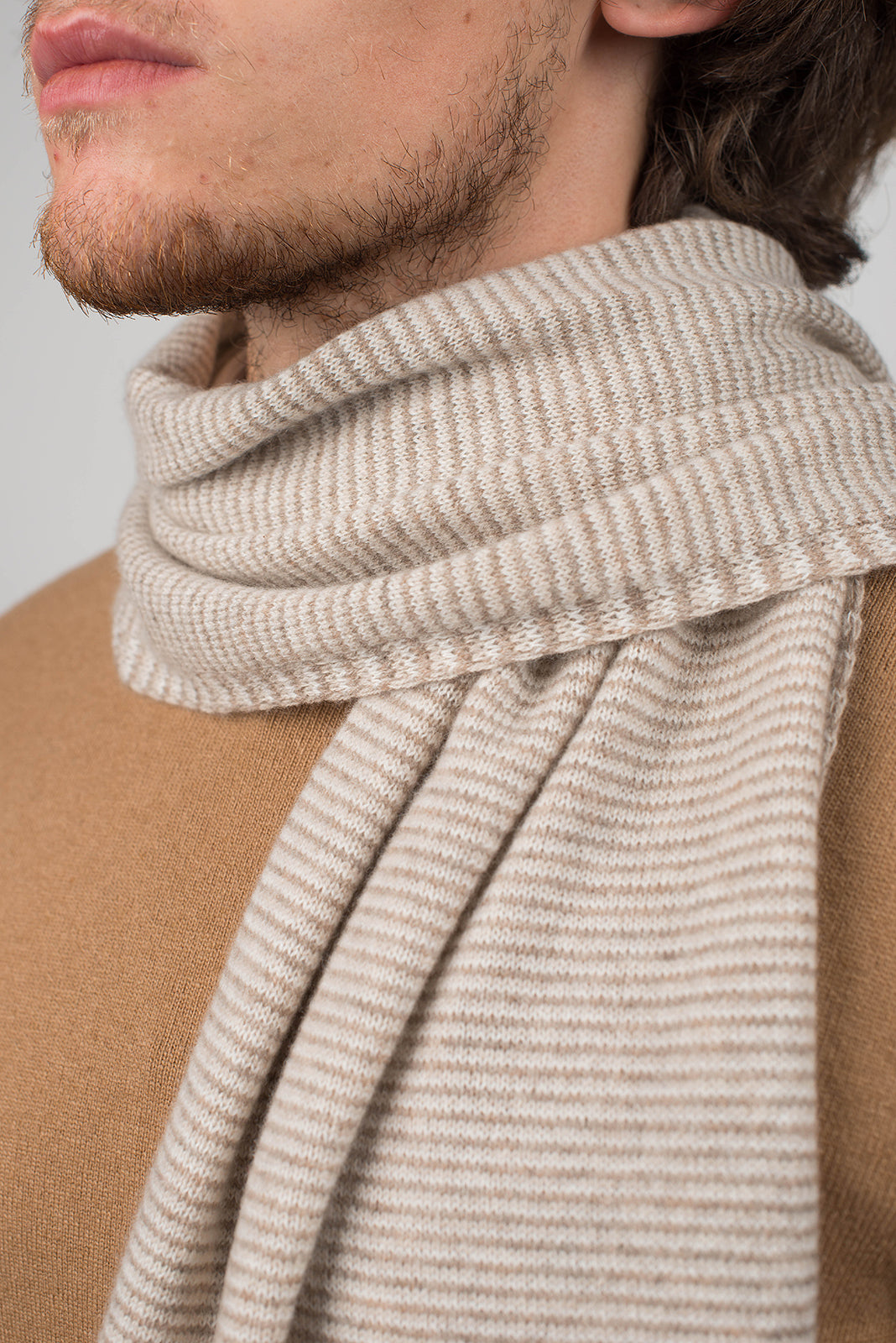 Mink-Beige-Cream Men's Striped 100% Cashmere Scarf, view 3