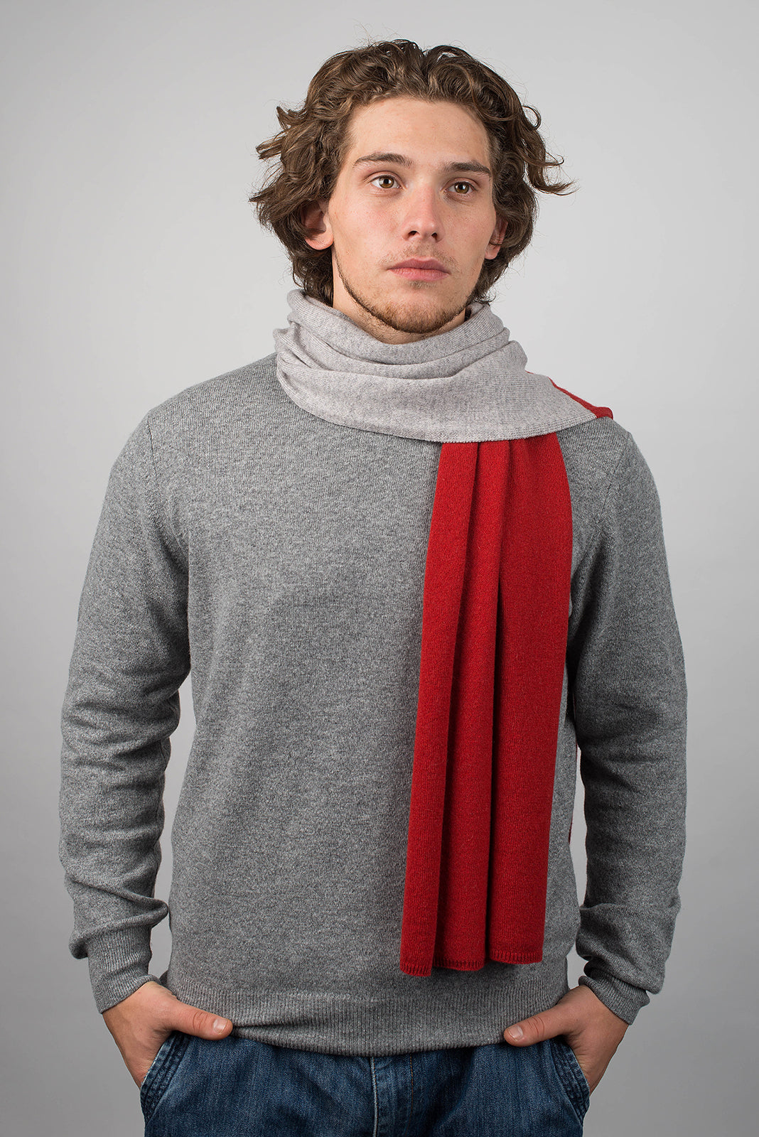 Red-Gray Men's Two-Tone 100% Cashmere Scarf, view 2