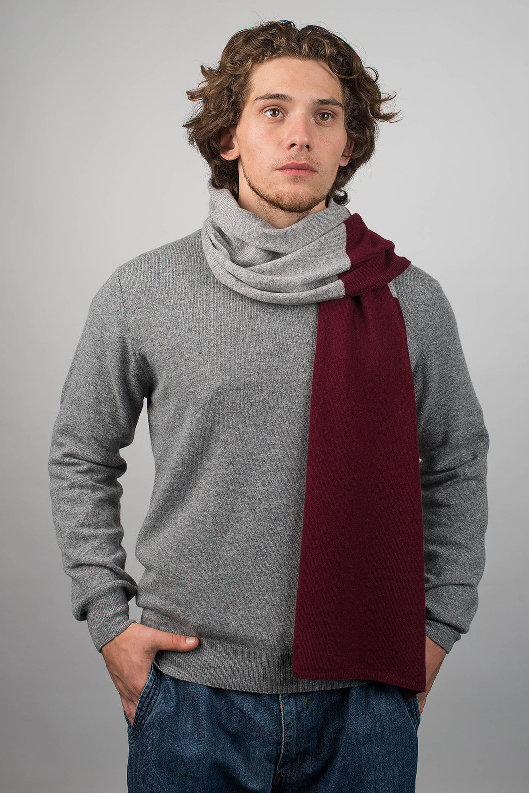 Burgundy-Gray Men's Two-Tone 100% Cashmere Scarf, view 2