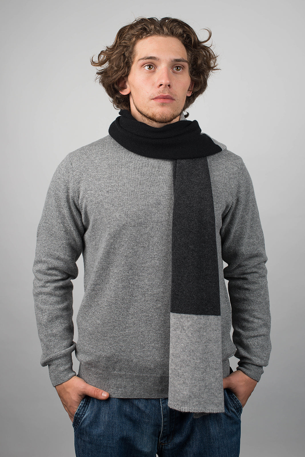 Black-Gray-Charcoal Men's Three-Color 100% Cashmere Scarf, view 2
