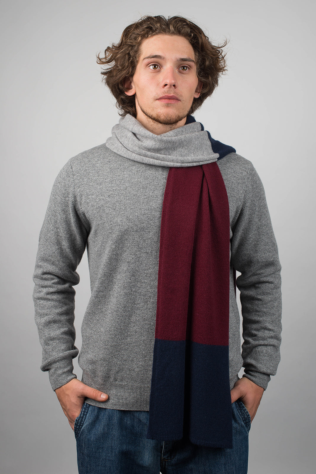 Blue-Burgundy-Gray Men's Three-Color 100% Cashmere Scarf, view 2