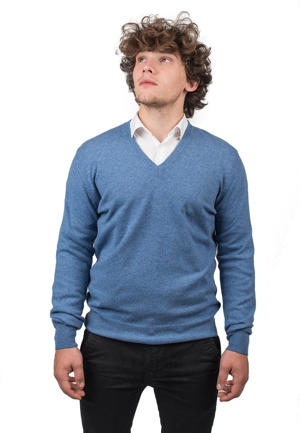 Light Blue Men's 100% Cashmere V-Neck