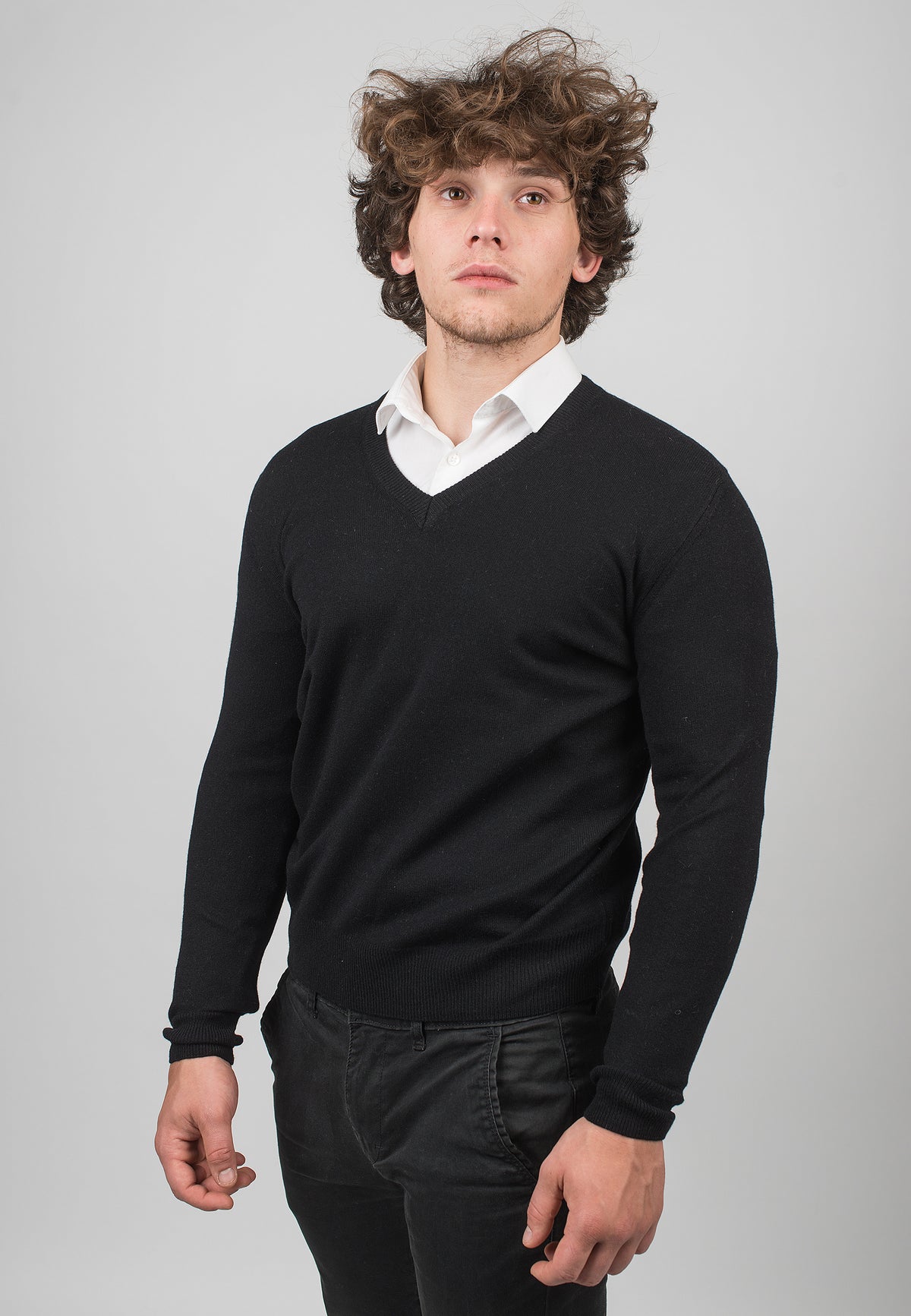 Black Men's 100% Cashmere V-Neck, view 2