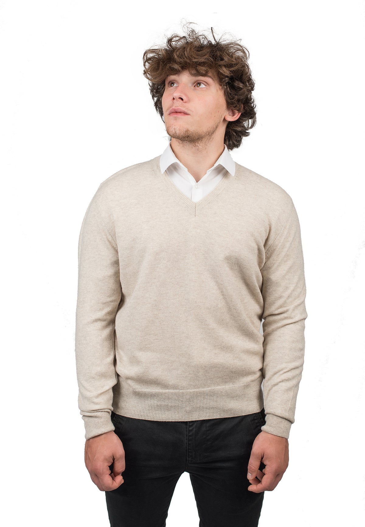 Beige Men's 100% Cashmere V-Neck